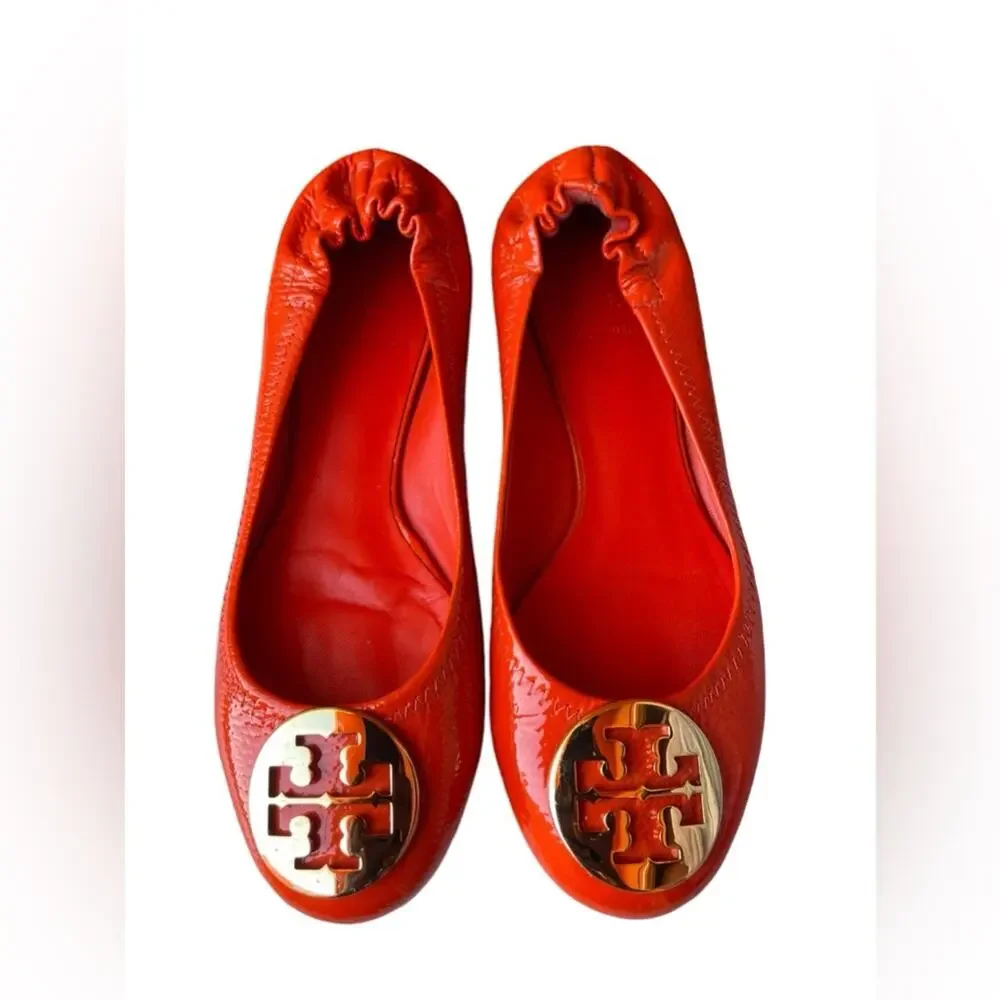 Tory Burch Minnie Travel Orange Patent Leather w/ Brass Logo Ballet Flats 7